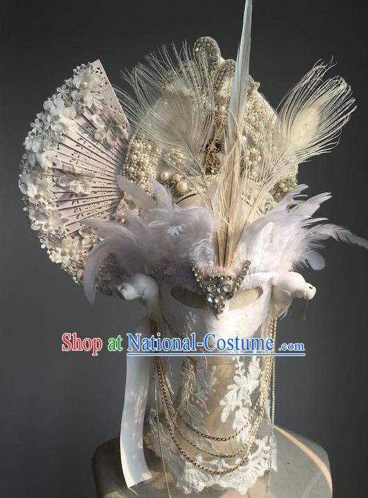 Top Grade Chinese Theatrical Luxury Headdress Ornamental White Headwear and Mask, Halloween Fancy Ball Ceremonial Occasions Handmade Veil Headpiece for Women