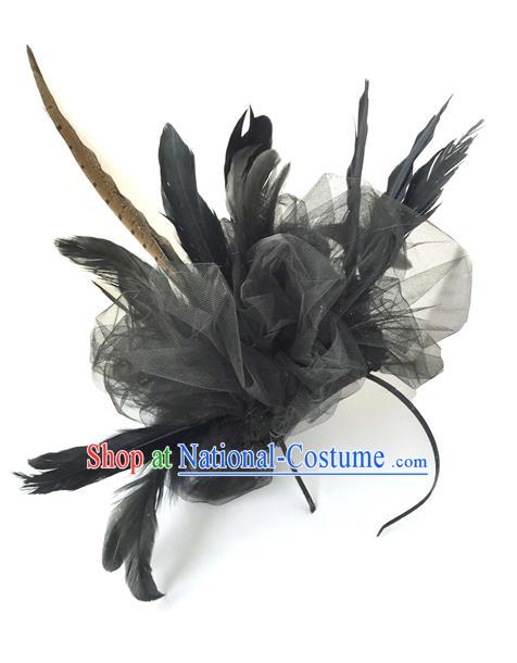 Top Grade Chinese Theatrical Luxury Headdress Ornamental Black Feather Hair Clasp, Halloween Fancy Ball Ceremonial Occasions Handmade Headwear for Women