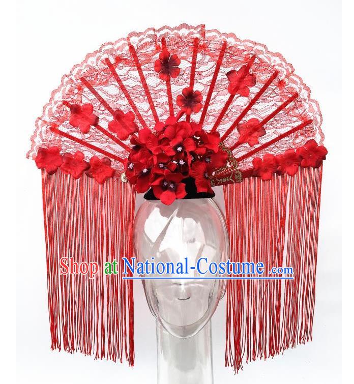 Top Grade Chinese Asian Headpiece Headpieces Model Show Red Tassel Headdress, Ceremonial Occasions Handmade Traditional Ornamental Flowers Floral Headdress for Women