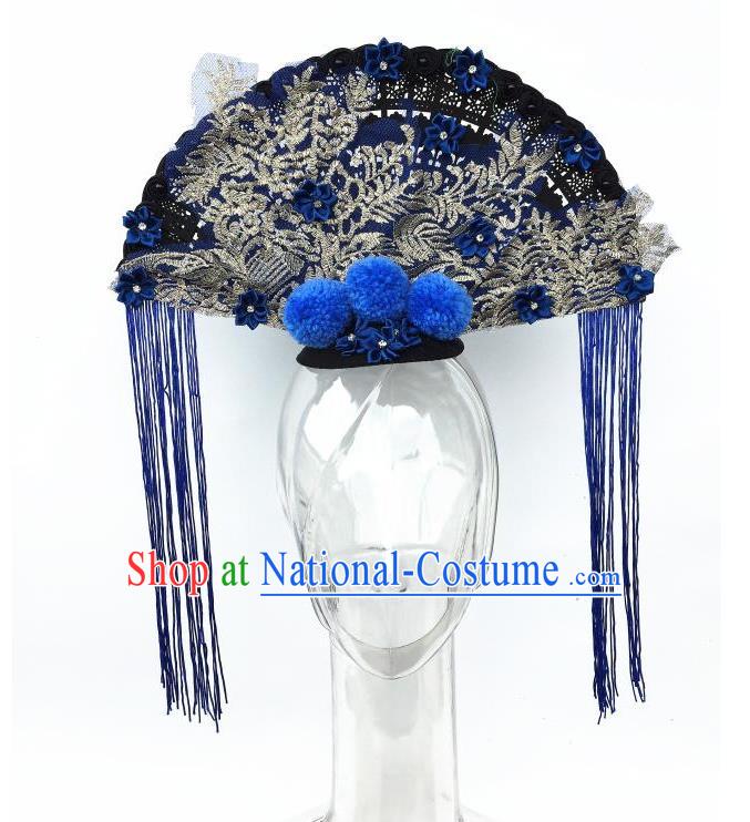 Top Grade Chinese Asian Headpiece Headpieces Model Show Fan Tassel Headdress, Ceremonial Occasions Handmade Traditional Ornamental Flowers Floral Headdress for Women