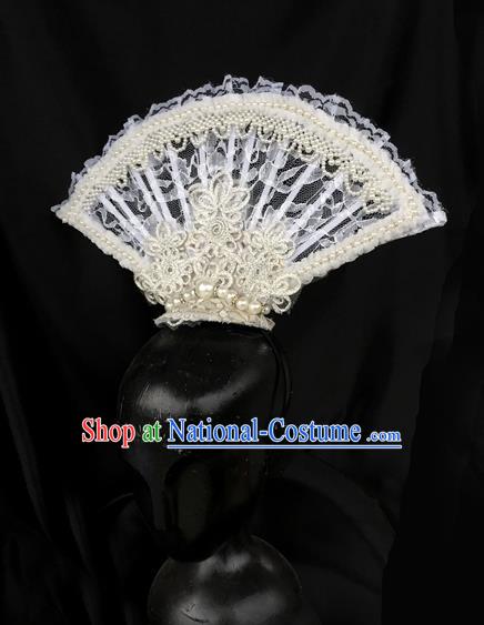 Top Grade Chinese Theatrical Luxury Headdress Ornamental White Lace Hair Clasp, Halloween Fancy Ball Asian Headpiece Headpieces Model Show Headwear for Women