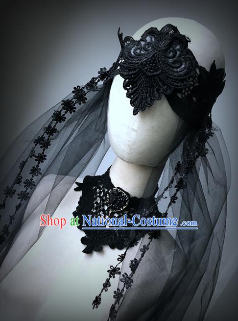 Top Grade Chinese Theatrical Luxury Headdress Ornamental Black Lace Hair Accessories, Halloween Fancy Ball Asian Headpieces Model Show Veil Headwear for Women