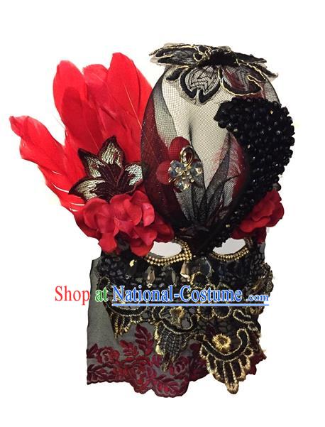 Top Grade Chinese Theatrical Luxury Headdress Ornamental Red Feather Mask, Halloween Fancy Ball Asian Headpieces Model Show Lace Face Mask for Women