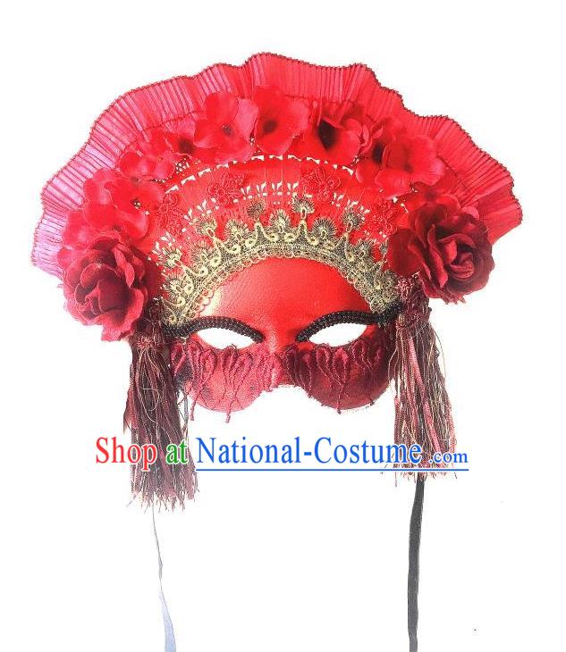 Top Grade Chinese Theatrical Luxury Headdress Ornamental Red Mask, Halloween Fancy Ball Asian Headpieces Model Show Headwear for Women