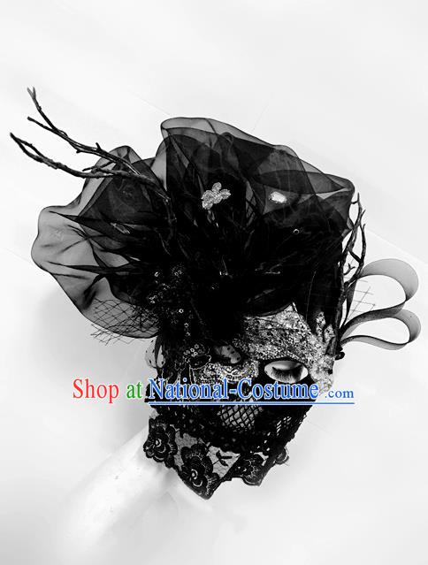 Top Grade Chinese Theatrical Luxury Headdress Ornamental Black Veil Mask, Halloween Fancy Ball Asian Headpieces Model Show Headwear for Women