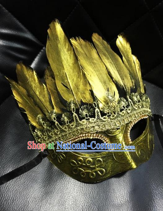 Top Grade Chinese Theatrical Luxury Headdress Ornamental Golden Mask, Halloween Fancy Ball Asian Headpieces Model Show Feather Lace Face Mask for Men