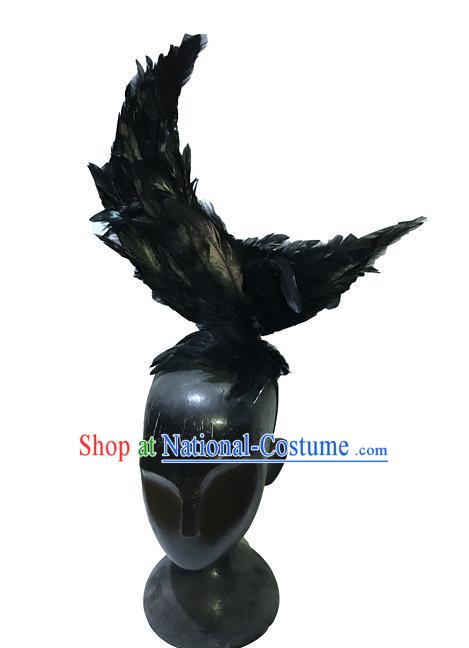 Top Grade Chinese Theatrical Luxury Headdress Ornamental Black Feather Headwear, Halloween Fancy Ball Asian Headpieces Model Show Feather Hair Accessories for Men