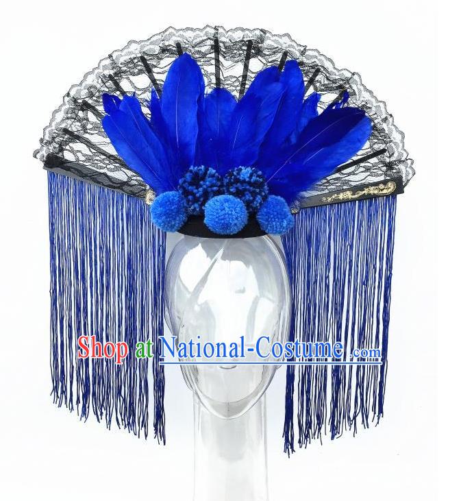 Top Grade Chinese Asian Headpiece Headpieces Model Show Blue Tassel Headdress, Ceremonial Occasions Handmade Traditional Ornamental Flowers Floral Headdress for Women