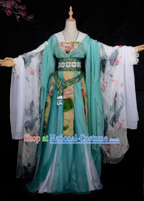 Chinese Ancient Cosplay Tang Dynasty Princess Dance Green Dress, Chinese Traditional Hanfu Clothing Chinese Fairy Palace Lady Costume for Women