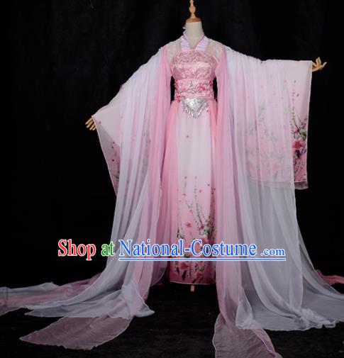 Chinese Ancient Cosplay Tang Dynasty Princess Dance Pink Embroidery Dress, Chinese Traditional Hanfu Clothing Chinese Fairy Palace Lady Costume for Women