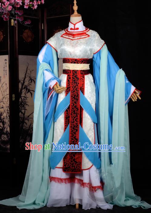 Chinese Ancient Cosplay Tang Dynasty Princess Embroidery Blue Dress, Chinese Traditional Hanfu Clothing Chinese Fairy Costume for Women