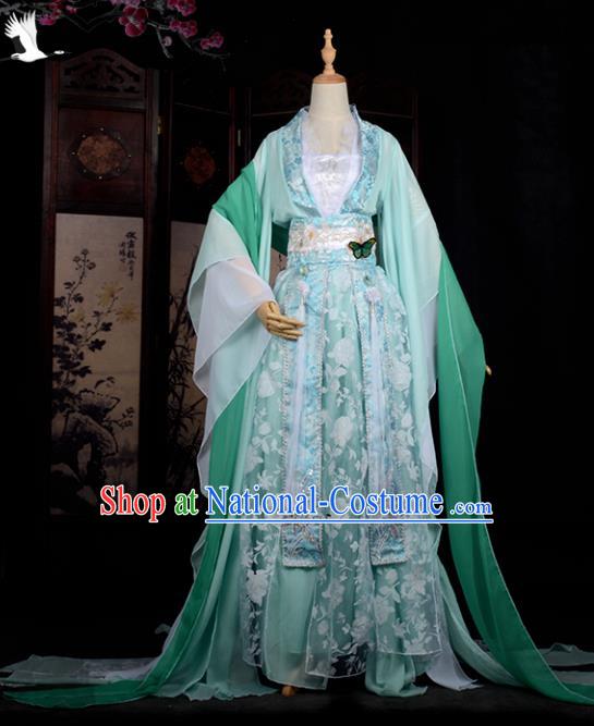 Chinese Ancient Cosplay Tang Dynasty Princess Embroidery Green Dress, Chinese Traditional Hanfu Clothing Chinese Fairy Costume for Women