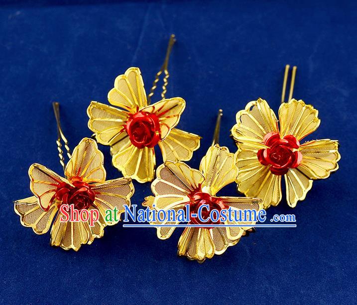 Traditional Handmade Chinese Ancient Classical Hair Accessories Xiuhe Suit Red Rose Golden Flower Hairpin Hair Comb, Hair Sticks Hair Jewellery Hair Fascinators for Women