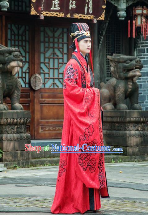 Traditional Chinese Han Dynasty Prince Hanfu Wedding Costume, China Ancient Red Palace Embroidery Clothing for Men