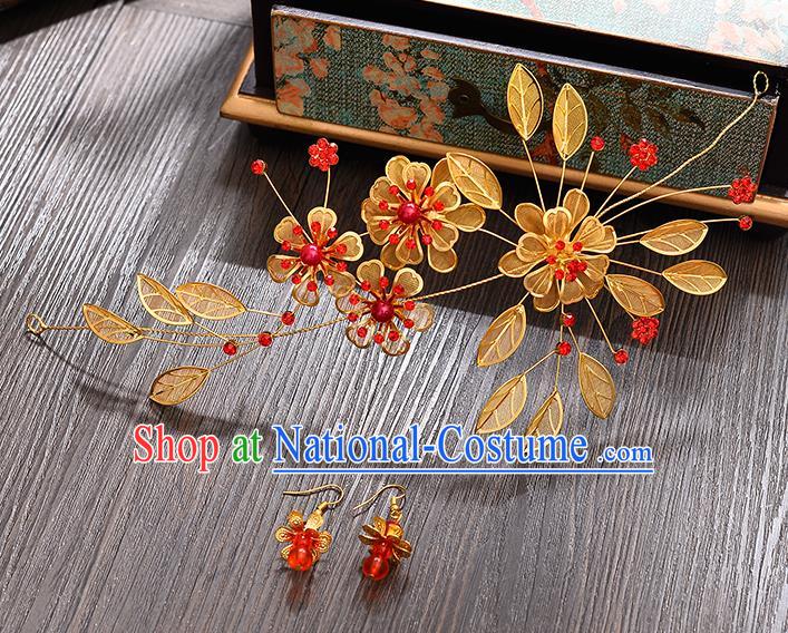 Traditional Handmade Chinese Ancient Classical Hair Accessories Xiuhe Suit Golden Flowers Hair Clasp, Hair Sticks Hair Jewellery Hair Fascinators for Women