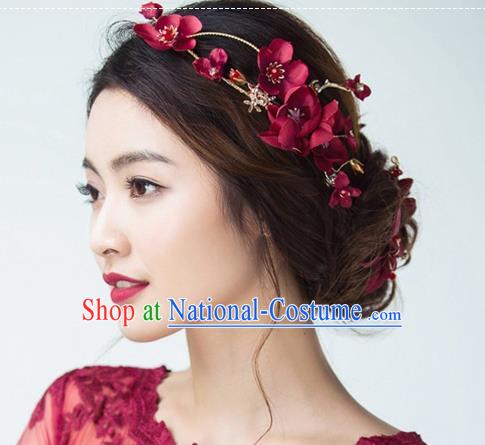 Top Grade Handmade Chinese Classical Hair Accessories Baroque Style Wedding Wine Red Flowers Headband Bride Hair Stick for Women