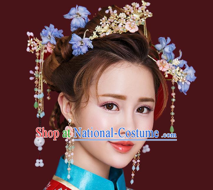 Traditional Handmade Chinese Ancient Wedding Hair Accessories Xiuhe Suit Pink Flowers Phoenix Coronet Complete Set, Bride Tassel Step Shake Hanfu Hairpins Hair Sticks Hair Jewellery for Women