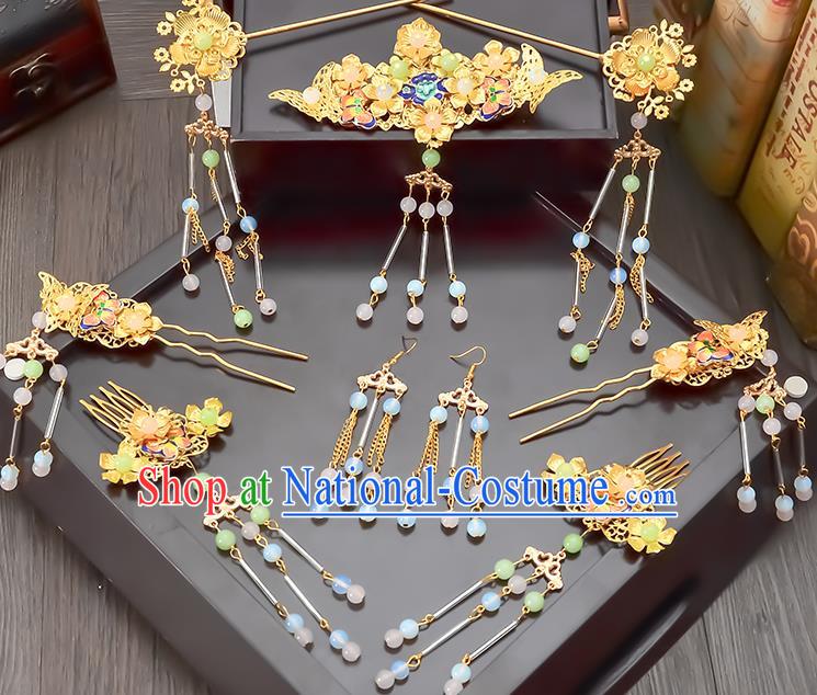 Traditional Handmade Chinese Ancient Wedding Hair Accessories Xiuhe Suit Tassel Step Shake Frontlet Complete Set, Bride Hair Sticks Hair Jewellery for Women