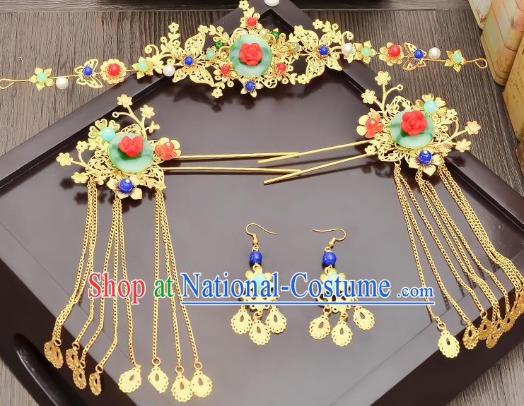 Traditional Handmade Chinese Ancient Wedding Hair Accessories Xiuhe Suit Tassel Step Shake Green Jade Frontlet Complete Set, Bride Hair Sticks Hair Jewellery for Women