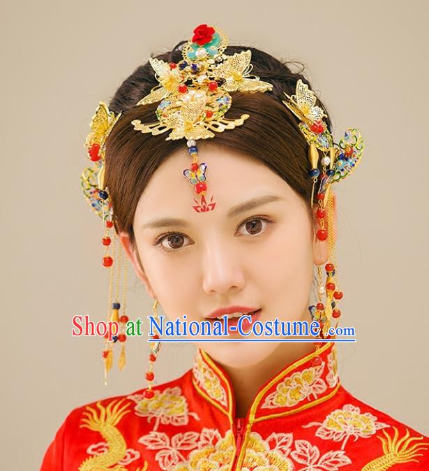 Traditional Handmade Chinese Ancient Wedding Hair Accessories Xiuhe Suit Blueing Phoenix Coronet Complete Set, Bride Tassel Step Shake Hanfu Hairpins Hair Sticks Hair Jewellery for Women