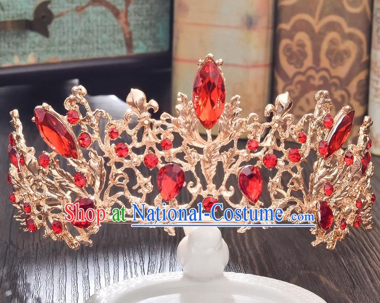 Top Grade Handmade Hair Accessories Baroque Style Wedding Red Crystal Golden Royal Crown, Bride Princess Hair Kether Jewellery Imperial Crown for Women