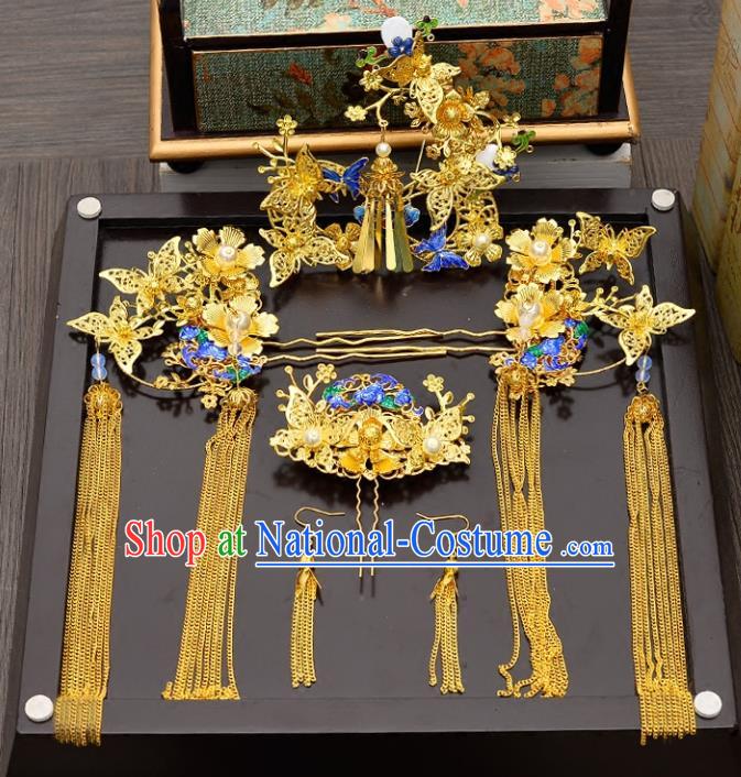 Traditional Handmade Chinese Ancient Wedding Hair Accessories Xiuhe Suit Blueing Cloisonne Butterfly Phoenix Coronet Complete Set, Bride Tassel Step Shake Hanfu Hairpins Hair Sticks Hair Jewellery for Women