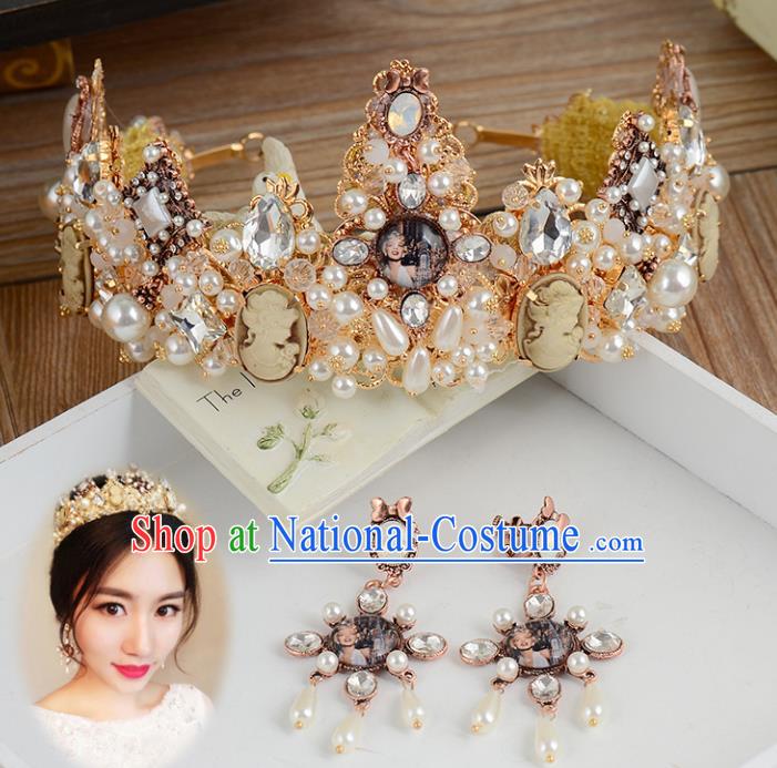 Top Grade Handmade Hair Accessories Baroque Style Palace Princess Wedding Crystal Vintage Royal Crown and Earrings, Bride Hair Kether Jewellery Imperial Crown for Women