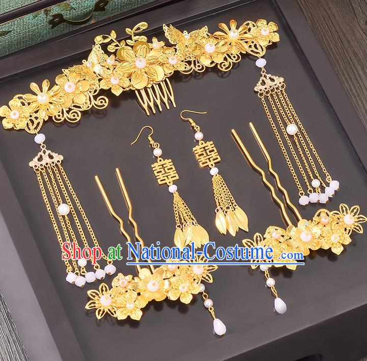 Traditional Handmade Chinese Ancient Wedding Hair Accessories Xiuhe Suit Ancient Costume Golden Flowers Phoenix Hairpins Complete Set, Bride Step Shake Hanfu Hair Sticks Hair Fascinators for Women