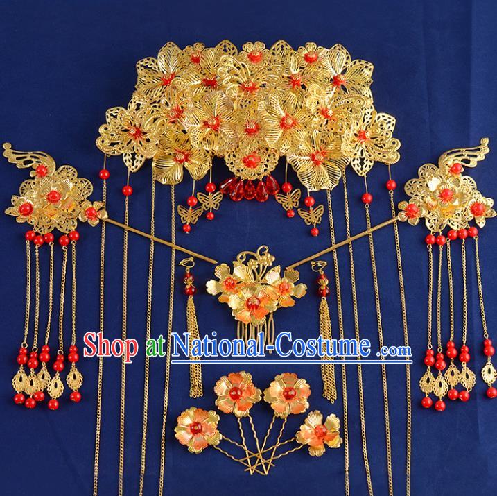 Traditional Handmade Chinese Ancient Wedding Hair Accessories Xiuhe Suit Phoenix Coronet Hairpins Complete Set, Bride Step Shake Hanfu Hair Fascinators for Women