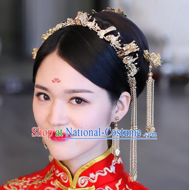 Traditional Handmade Chinese Ancient Wedding Hair Accessories Xiuhe Suit Phoenix Coronet Complete Set, Bride Tassel Step Shake Hanfu Hair Fascinators for Women