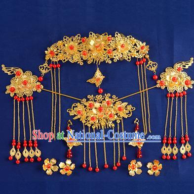 Traditional Handmade Chinese Ancient Wedding Hair Accessories Xiuhe Suit Tassel Phoenix Coronet Hairpins Complete Set, Bride Step Shake Hanfu Hair Fascinators for Women