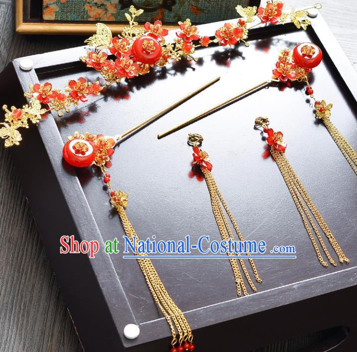 Traditional Handmade Chinese Ancient Wedding Hair Accessories Xiuhe Suit Butterfly Phoenix Coronet Complete Set, Bride Tassel Red Jade Step Shake Hanfu Hair Fascinators for Women