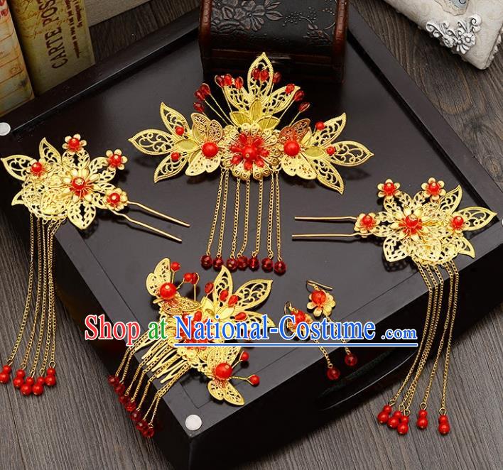 Traditional Handmade Chinese Ancient Wedding Hair Accessories Xiuhe Suit Butterfly Hair Comb Complete Set, Bride Tassel Step Shake Hanfu Hair Fascinators for Women