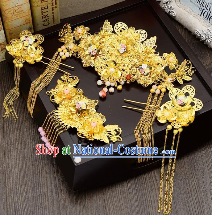 Traditional Handmade Chinese Ancient Wedding Hair Accessories Xiuhe Suit Golden Flowers Forehead Ornament Complete Set, Bride Tassel Step Shake Hanfu Hair Fascinators for Women