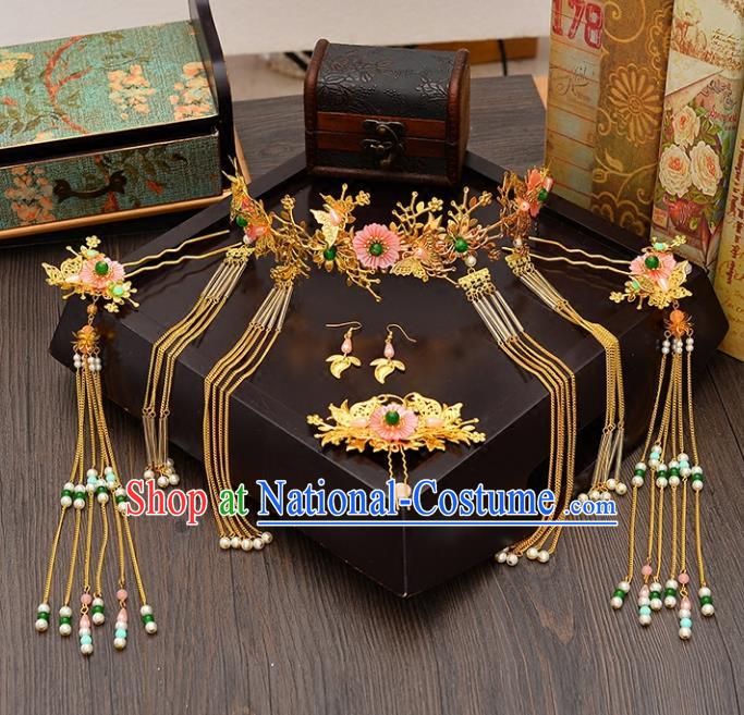 Traditional Handmade Chinese Ancient Wedding Hair Accessories Xiuhe Suit Pink Flowers Forehead Ornament Complete Set, Bride Tassel Step Shake Hanfu Hair Fascinators for Women