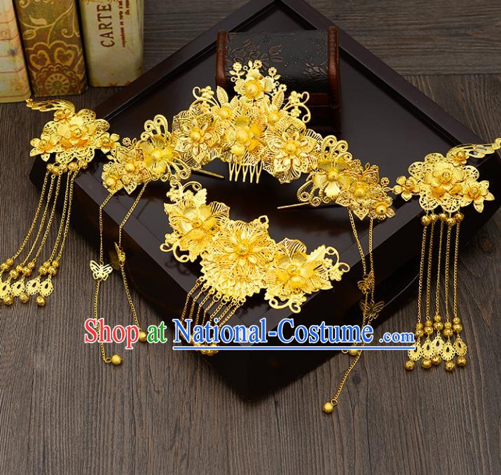 Traditional Handmade Chinese Ancient Wedding Hair Accessories Xiuhe Suit Golden Phoenix Coronet Hair Comb Complete Set, Bride Step Shake Hanfu Hair Fascinators for Women