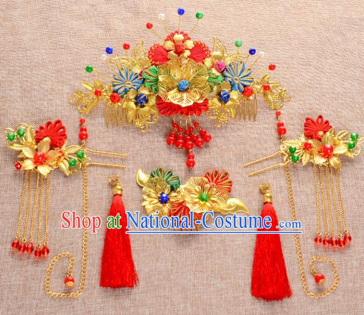 Traditional Handmade Chinese Ancient Wedding Hair Accessories Xiuhe Suit Chinese Knots Forehead Ornament Complete Set, Bride Tassel Step Shake Hanfu Hair Fascinators for Women