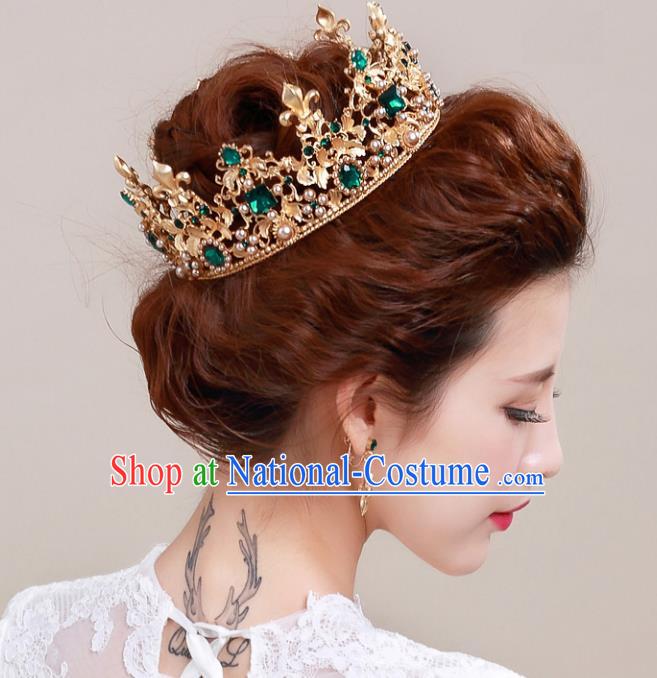 Top Grade Handmade Hair Accessories Baroque Style Palace Princess Wedding Green Crystal Vintage Golden Royal Crown, Bride Hair Kether Jewellery Imperial Crown for Women