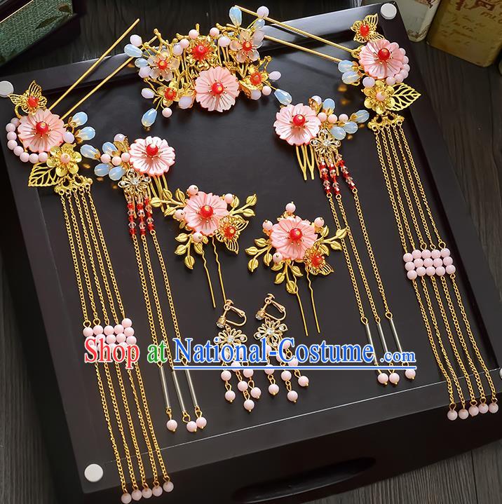 Traditional Handmade Chinese Ancient Wedding Hair Accessories Xiuhe Suit Pink Shell Flowers Forehead Ornament Complete Set, Bride Tassel Step Shake Hanfu Hair Fascinators for Women