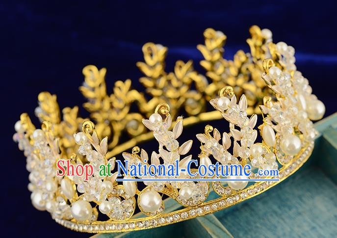 Top Grade Handmade Hair Accessories Baroque Style Wedding Pearls Crystal Golden Royal Crown, Bride Princess Hair Kether Jewellery Round Imperial Crown for Women