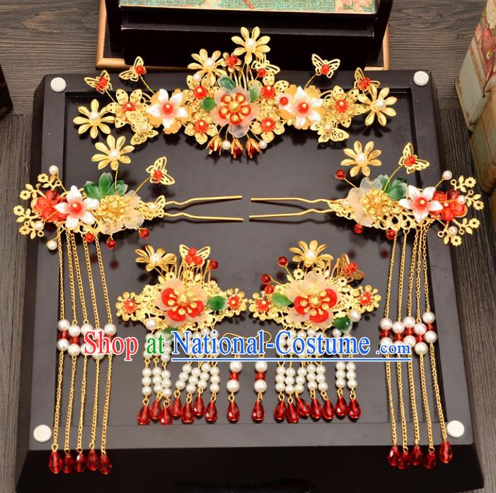 Traditional Handmade Chinese Ancient Wedding Hair Accessories Xiuhe Suit Phoenix Coronet Complete Set, Bride Beads Tassel Step Shake Hanfu Hair Fascinators for Women