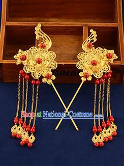 Traditional Handmade Chinese Ancient Wedding Hair Accessories Xiuhe Suit Ancient Costume Golden Phoenix Hairpins, Bride Step Shake Hanfu Hair Sticks Hair Fascinators for Women