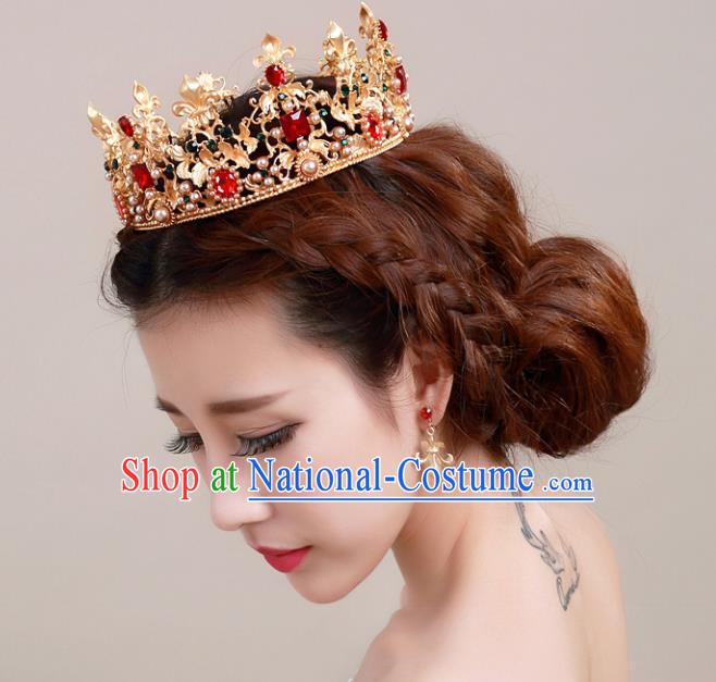 Top Grade Handmade Hair Accessories Baroque Style Palace Princess Wedding Red Crystal Golden Royal Crown, Bride Hair Kether Jewellery Imperial Crown for Women