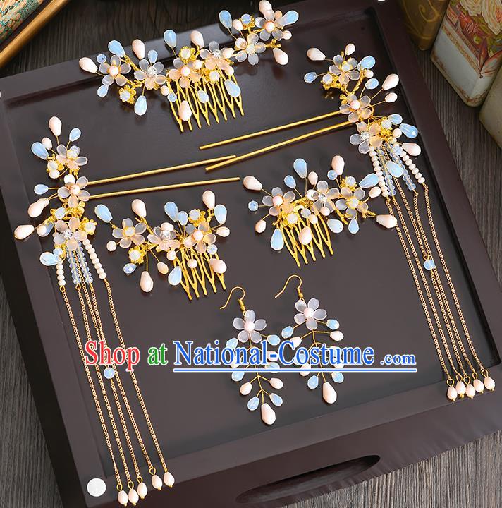 Traditional Handmade Chinese Ancient Wedding Hair Accessories Xiuhe Suit Ancient Costume Opal Phoenix Hairpins Complete Set, Bride Step Shake Hanfu Hair Sticks Hair Fascinators for Women