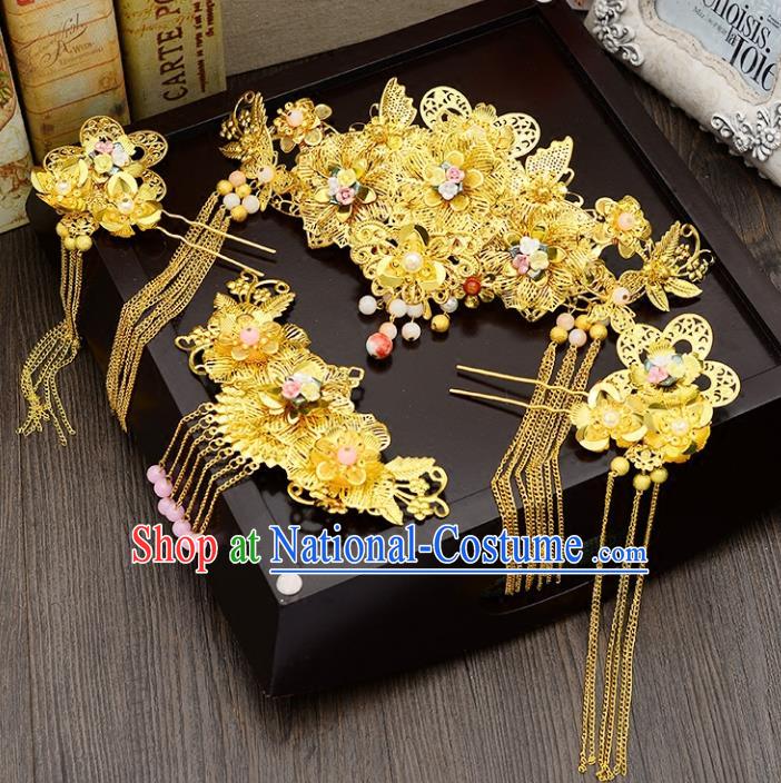 Traditional Handmade Chinese Ancient Wedding Hair Accessories Complete Set Xiuhe Suit Golden Phoenix Coronet, Bride Palace Lady Step Shake Hanfu Hairpins for Women