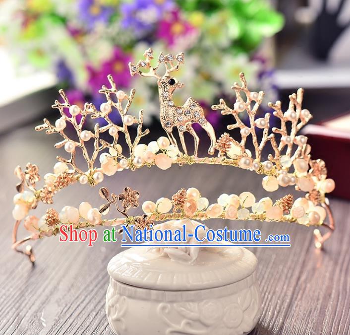 Top Grade Handmade Chinese Classical Hair Accessories Princess Wedding Baroque Golden Deer Hair Clasp Headband Bride Headwear for Women