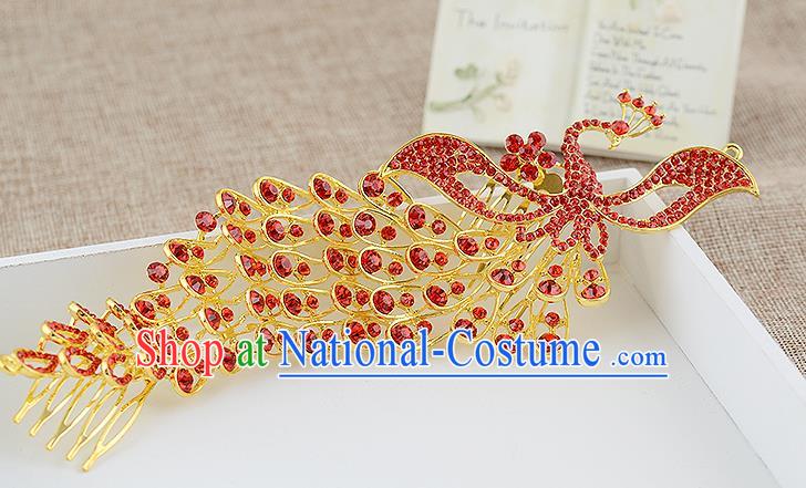 Top Grade Handmade Hair Accessories Baroque Luxury Red Crystal Phoenix Hair Stick, Bride Wedding Hair Kether Jewellery Princess Imperial Crown for Women