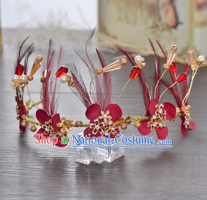 Top Grade Handmade Chinese Classical Hair Accessories Princess Wedding Baroque Red Feather Hair Clasp Bride Headband Royal Crown for Women