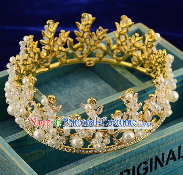 Top Grade Handmade Hair Accessories Baroque Luxury Crystal Pearls Round Royal Crown, Bride Wedding Hair Kether Jewellery Princess Golden Imperial Crown for Women