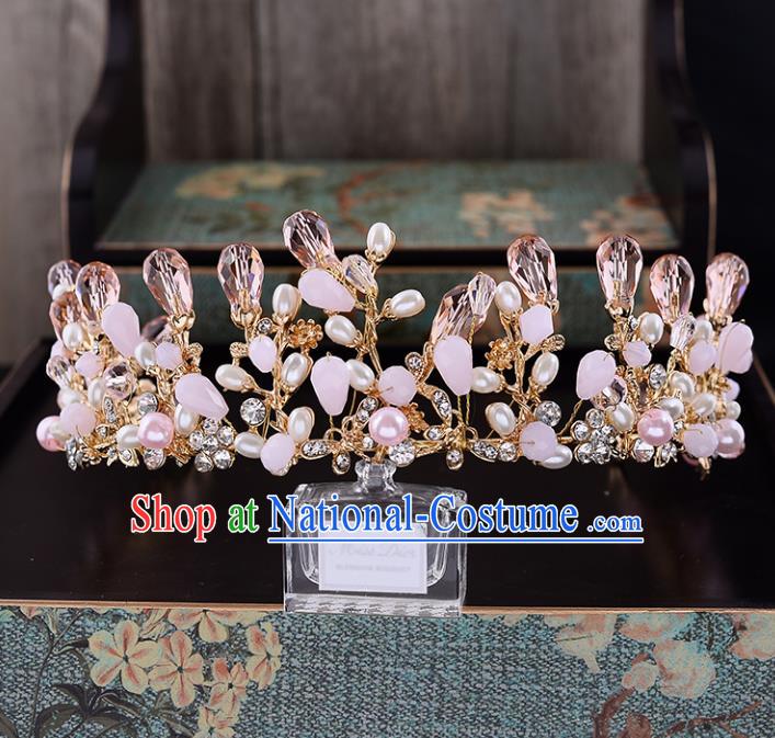 Top Grade Handmade Hair Accessories Baroque Luxury Crystal Pink Pearls Royal Crown, Bride Wedding Hair Kether Jewellery Princess Imperial Crown for Women